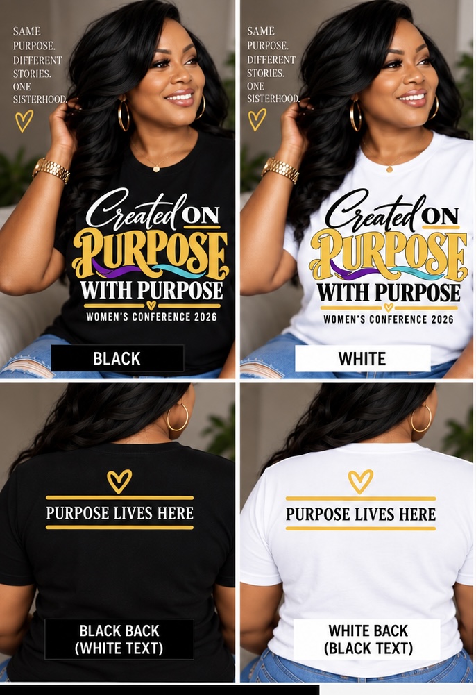 Created on Purpose with Purpose women’s conference shirts in white and pink