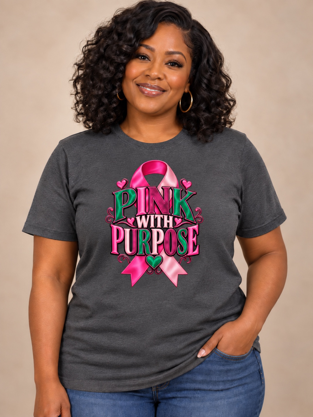 Pink With Purpose awareness shirt on a charcoal tee