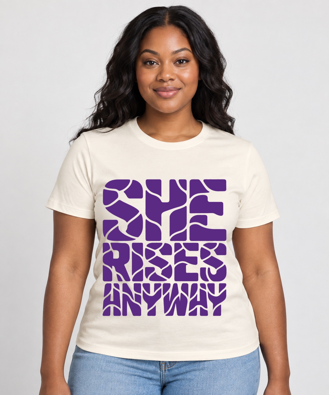 She Rises Anyway purple custom shirt on a cream tee